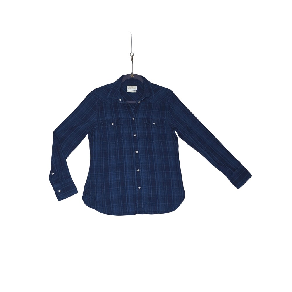 J.Crew W's Slim Fit Indigo Blue Plaid Western Snap Button Shirt Size 8‎ Soft Fun